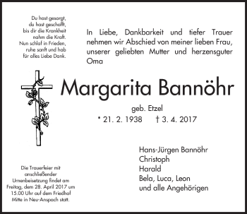 Traueranzeige von Margarita Bannöhr von  Usinger Anzeiger Traueranzeige von Margarita Bannöhr von  Usinger Anzeiger
