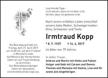 Traueranzeige von Irmtraud Kopp von Trauerportal Rhein Main Presse