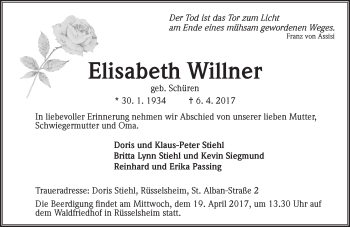Traueranzeige von Elisabeth Willner von Trauerportal Rhein Main Presse