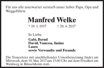 Traueranzeige von Manfred Welke von Trauerportal Rhein Main Presse