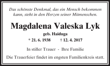 Traueranzeige von Magdalena Valeska Lyk von  Kreisanzeiger
