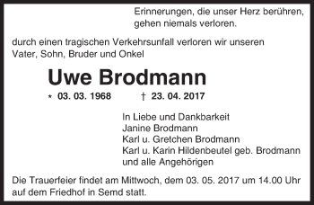 Traueranzeige von Uwe Brodmann von Trauerportal Echo Online