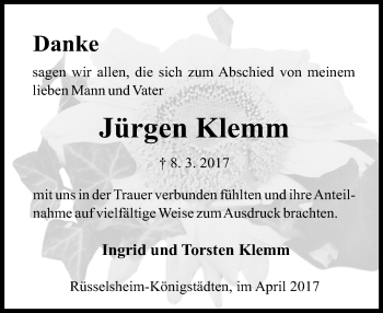 Traueranzeige von Jürgen Klemm von Trauerportal Rhein Main Presse
