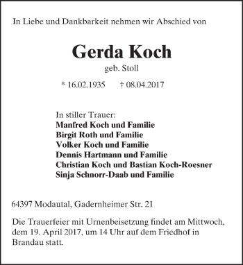 Traueranzeige von Gerda Koch von Trauerportal Echo Online