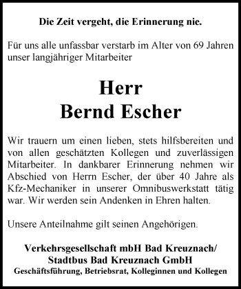 Traueranzeige von Bernd Escher von Trauerportal Rhein Main Presse