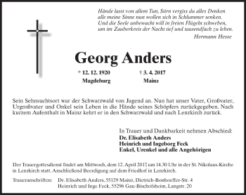 Traueranzeige von Georg Anders von Trauerportal Rhein Main Presse