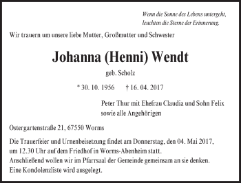 Traueranzeige von Johanna Henni Wendt von Trauerportal Rhein Main Presse
