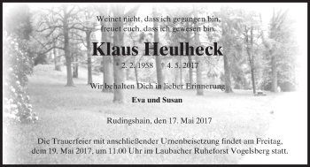 Traueranzeige von Klaus Heulheck von  Kreisanzeiger