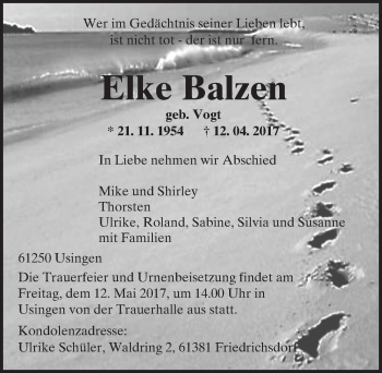 Traueranzeige von Elke Balzen von  Usinger Anzeiger