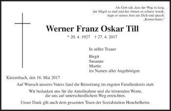 Traueranzeige von Werner Franz Oskar Till von  Gießener Anzeiger