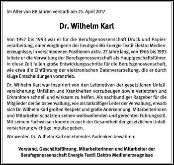Traueranzeige von Wilhelm Karl von Trauerportal Rhein Main Presse