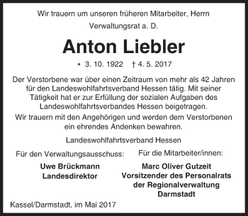 Traueranzeige von Anton Liebler von Trauerportal Echo Online