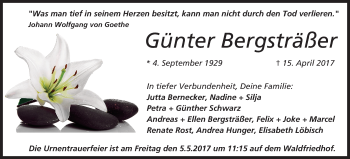 Traueranzeige von Günter Bergsträßer von Trauerportal Echo Online