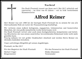 Traueranzeige von Alfred Reimer von  Kreisanzeiger