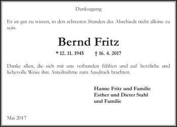 Traueranzeige von Bernd Fritz von Trauerportal Rhein Main Presse