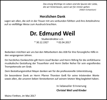 Traueranzeige von Edmund Weil von Trauerportal Rhein Main Presse