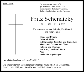 Traueranzeige von Fritz Schenatzky von VRM Trauer