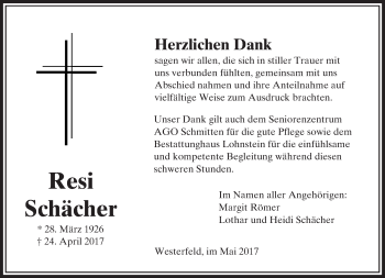 Traueranzeige von Resi Schächer von  Usinger Anzeiger Traueranzeige von Resi Schächer von  Usinger Anzeiger