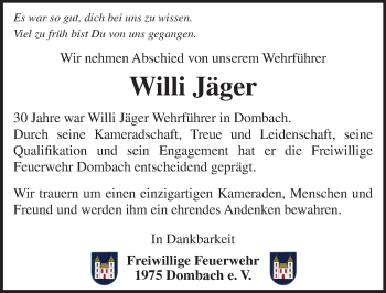 Traueranzeige von Willi Jäger von  Camberger Anzeiger
