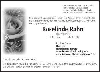 Traueranzeige von Roselinde Rahn von  Kreisanzeiger