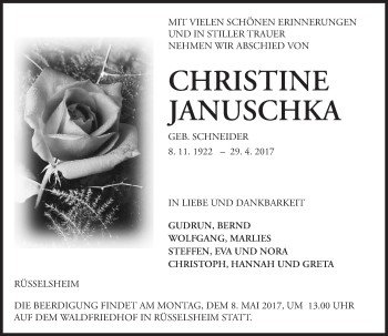 Traueranzeige von Christine Januschka von Trauerportal Rhein Main Presse