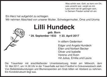 Traueranzeige von Lilli Hundeck von  Usinger Anzeiger