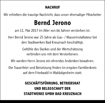 Traueranzeige von Bernd Jerono von Trauerportal Rhein Main Presse