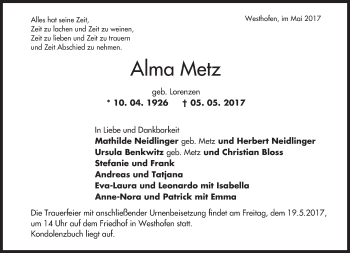 Traueranzeige von Alma Metz von Trauerportal Rhein Main Presse