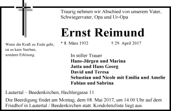 Traueranzeige von Ernst Reimund von Trauerportal Echo Online