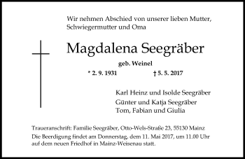Traueranzeige von Magdalena Seegräber von Trauerportal Rhein Main Presse