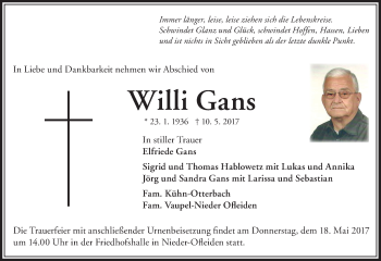 Traueranzeige von Willi Gans von VRM Trauer