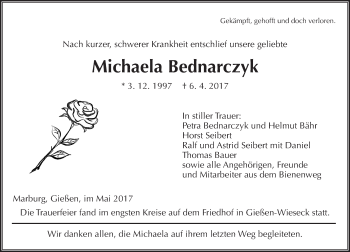 Traueranzeige von Michaela Bednarczyk von  Gießener Anzeiger