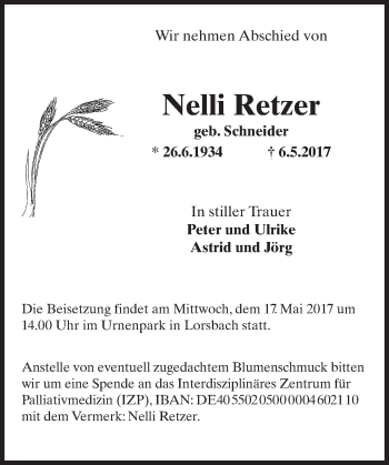 Traueranzeige von Nelli Retzer von Trauerportal Rhein Main Presse