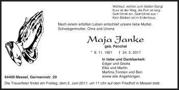 Traueranzeige von Maja Janke von Trauerportal Echo Online