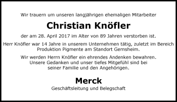 Traueranzeige von Christian Knöfler von Trauerportal Echo Online