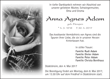 Traueranzeige von Ina Agnes Adam von  Kreisanzeiger