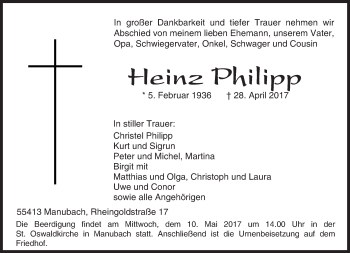 Traueranzeige von Heinz Philipp von Trauerportal Rhein Main Presse