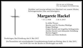 Traueranzeige von Margarete Hackel von  Gießener Anzeiger