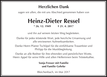 Traueranzeige von Heinz-Dieter Ressel von  Kreisanzeiger