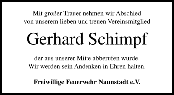 Traueranzeige von Gerhard Schimpf von  Usinger Anzeiger