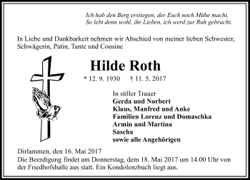 Traueranzeige von Hilde Roth von VRM Trauer