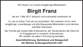 Traueranzeige von Birgit Franz von Trauerportal Rhein Main Presse