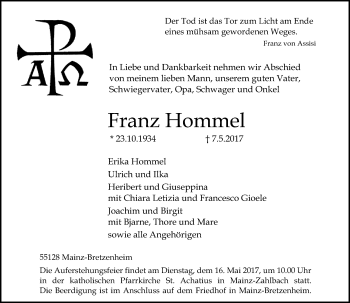 Traueranzeige von Franz Hommel von Trauerportal Rhein Main Presse