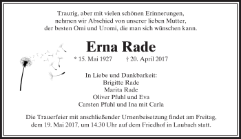 Traueranzeige von Erna Rade von  Usinger Anzeiger