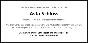 Traueranzeige von Asta Schloss von  Usinger Anzeiger