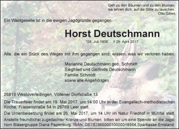 Traueranzeige von Horst Deutschmann von Trauerportal Echo Online