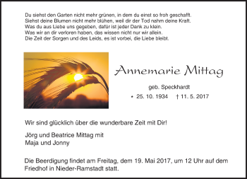 Traueranzeige von Annemarie Mittag von Trauerportal Echo Online