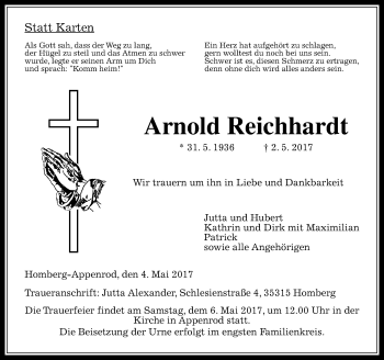Traueranzeige von Arnold Reichhardt von VRM Trauer