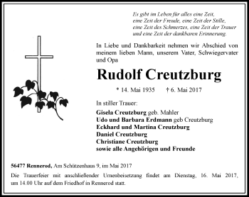 Traueranzeige von Rudolf Creutzburg von Trauerportal Rhein Main Presse