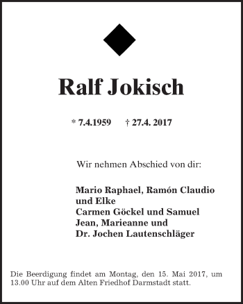 Traueranzeige von Ralf Jokisch von Trauerportal Echo Online